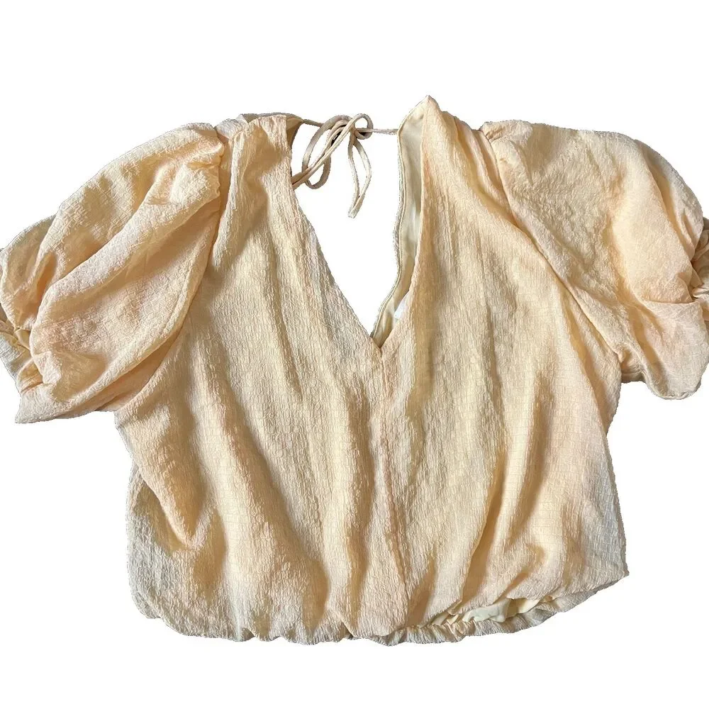 ASTR The Label Blouse XL yellow puff sleeves Gathered elastic hem NWT